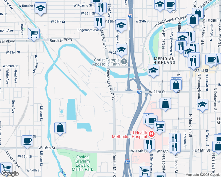 map of restaurants, bars, coffee shops, grocery stores, and more near 2100 Doctor Martin Luther King Junior Street in Indianapolis