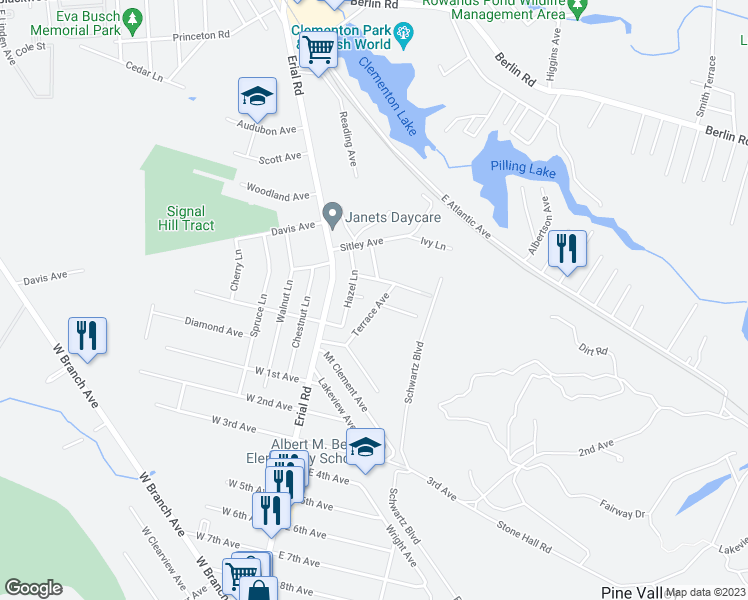 map of restaurants, bars, coffee shops, grocery stores, and more near 44 Terrace Avenue in Pine Hill