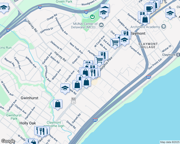 map of restaurants, bars, coffee shops, grocery stores, and more near 2713 Philadelphia Pike in Claymont