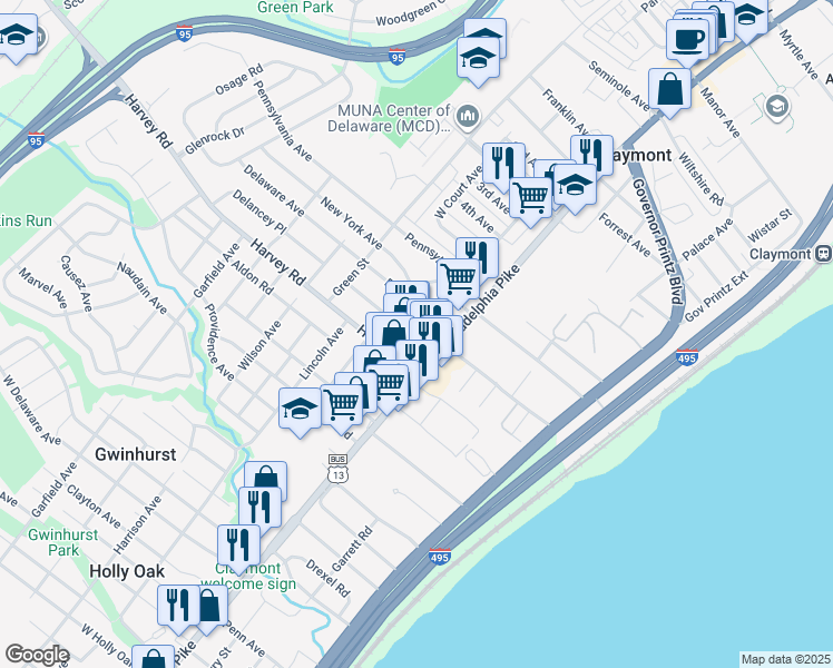 map of restaurants, bars, coffee shops, grocery stores, and more near 2713 Philadelphia Pike in Claymont