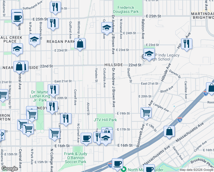 map of restaurants, bars, coffee shops, grocery stores, and more near 2034 Doctor Andrew J Brown Avenue in Indianapolis