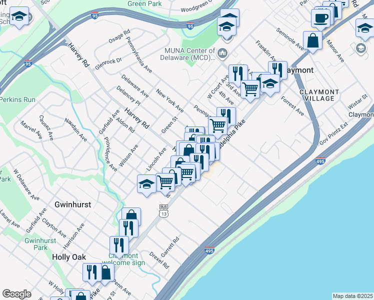 map of restaurants, bars, coffee shops, grocery stores, and more near 2620 Washington Avenue in Claymont