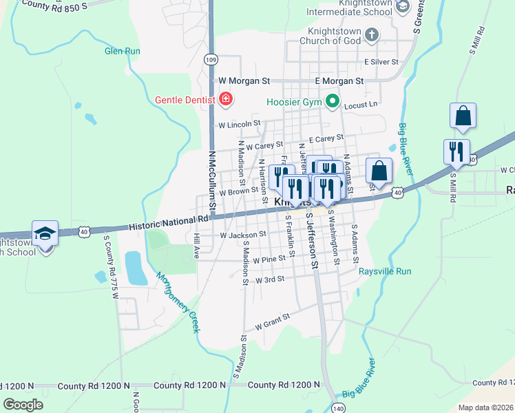 map of restaurants, bars, coffee shops, grocery stores, and more near 23 S Madison St in Knightstown