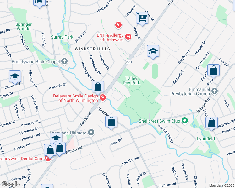 map of restaurants, bars, coffee shops, grocery stores, and more near 1212 Foulk Road in Wilmington