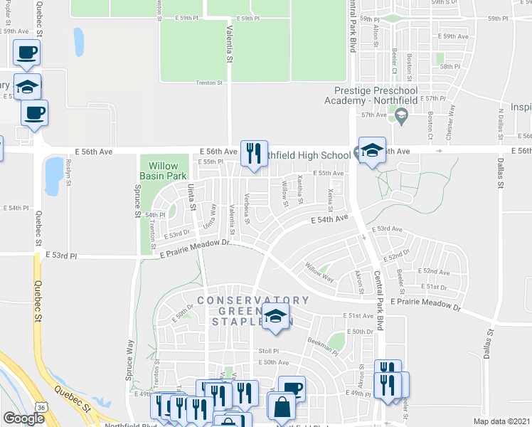 map of restaurants, bars, coffee shops, grocery stores, and more near 5440 Verbena Way in Denver