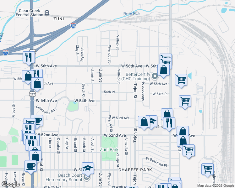 map of restaurants, bars, coffee shops, grocery stores, and more near 5427 Vallejo Street in Denver