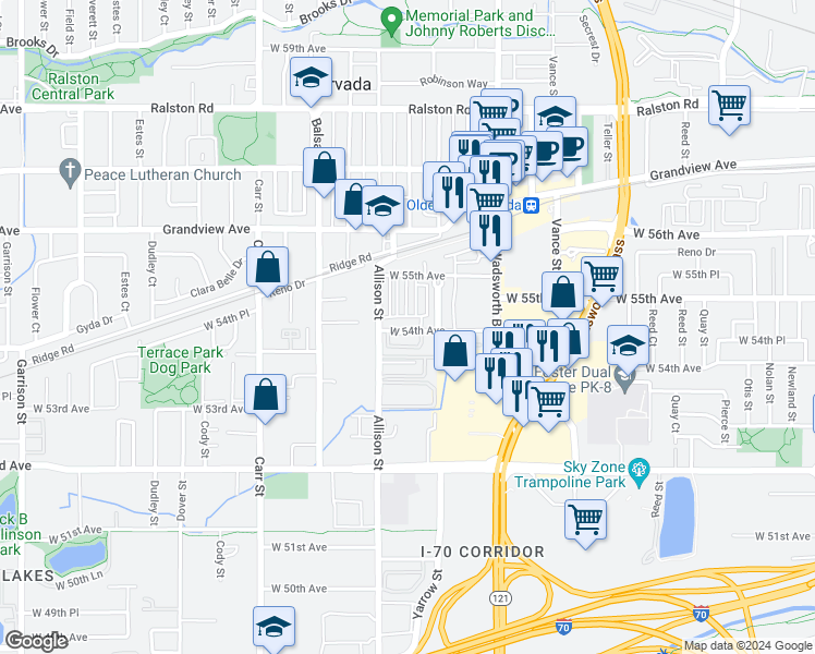 map of restaurants, bars, coffee shops, grocery stores, and more near 7956 West 54th Avenue in Arvada