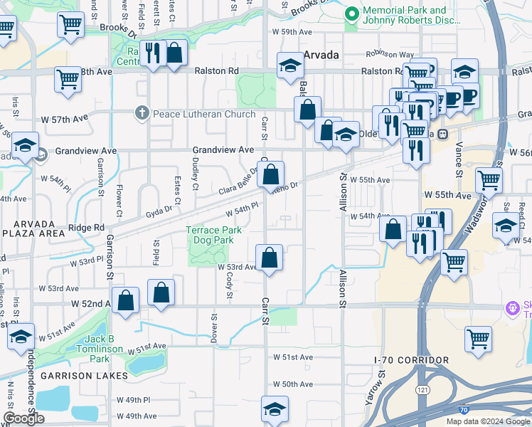 map of restaurants, bars, coffee shops, grocery stores, and more near 5406 Cody Street in Arvada