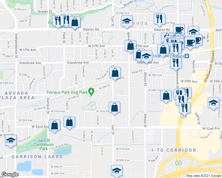 map of restaurants, bars, coffee shops, grocery stores, and more near 5406 Cody Street in Arvada