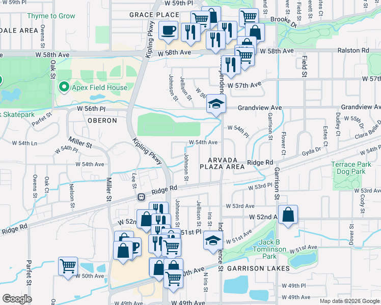 map of restaurants, bars, coffee shops, grocery stores, and more near 5354 Lynn Drive in Arvada