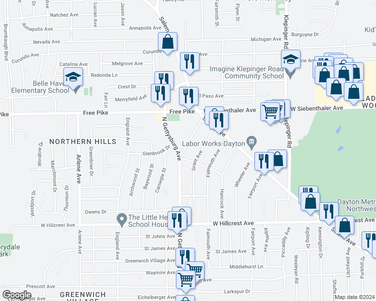 map of restaurants, bars, coffee shops, grocery stores, and more near 2704 Wentworth Avenue in Dayton
