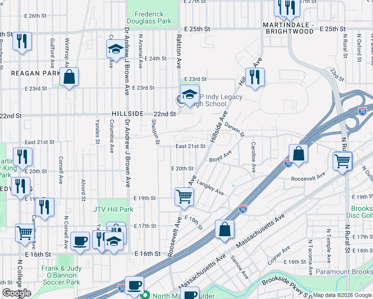 map of restaurants, bars, coffee shops, grocery stores, and more near 2026 Tipton Street in Indianapolis