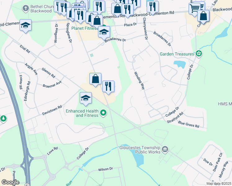 map of restaurants, bars, coffee shops, grocery stores, and more near 1350 Little Gloucester Road in Clementon
