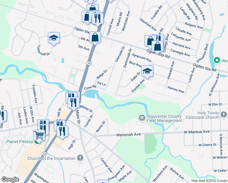 map of restaurants, bars, coffee shops, grocery stores, and more near 752 Purdue Avenue in Wenonah