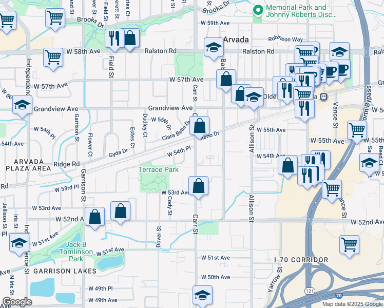 map of restaurants, bars, coffee shops, grocery stores, and more near 5415 Carr Street in Arvada