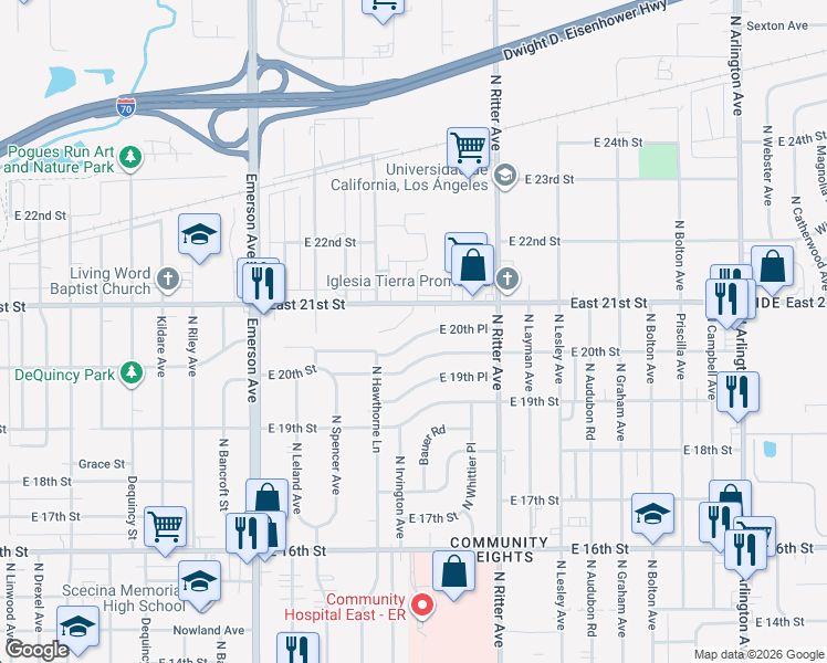 map of restaurants, bars, coffee shops, grocery stores, and more near 5330 East 20th Place in Indianapolis