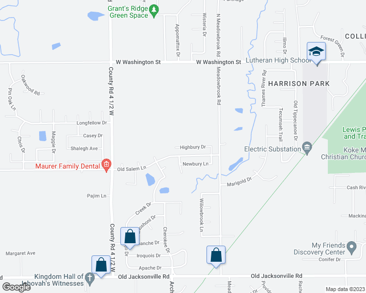 map of restaurants, bars, coffee shops, grocery stores, and more near 4143 Highbury Drive in Springfield