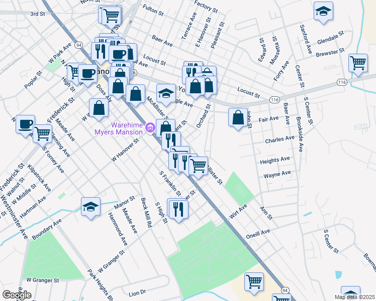 map of restaurants, bars, coffee shops, grocery stores, and more near 145 McAllister Street in Hanover