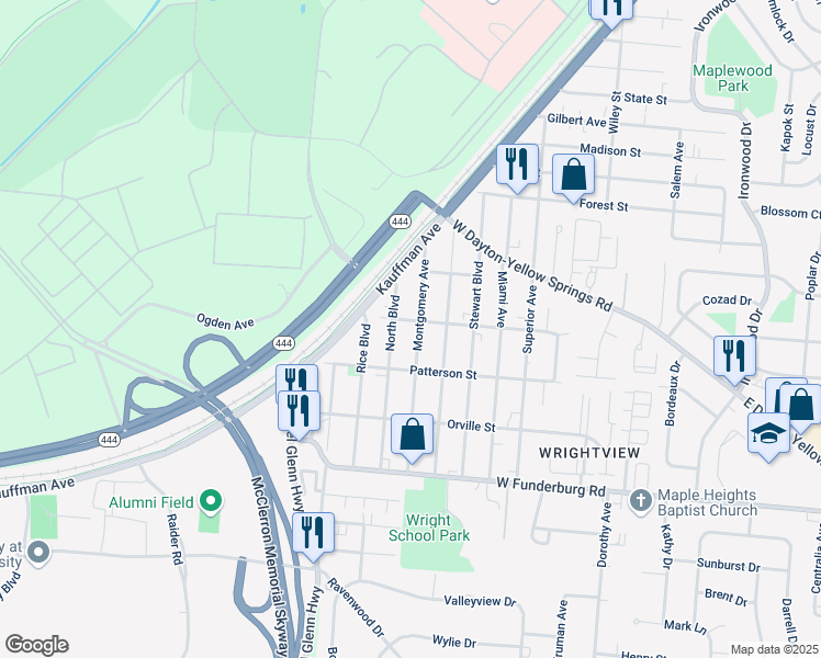 map of restaurants, bars, coffee shops, grocery stores, and more near 1724 North Boulevard in Fairborn