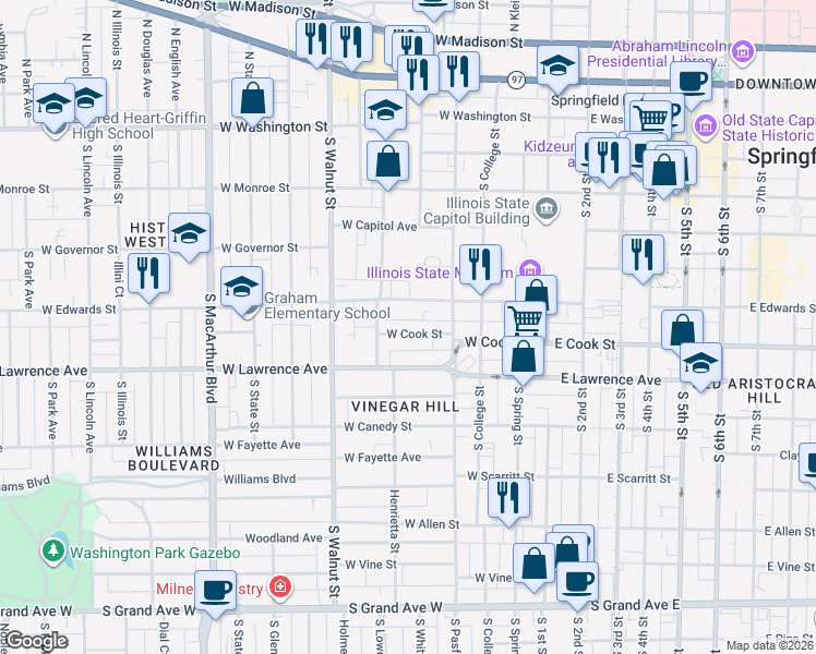 map of restaurants, bars, coffee shops, grocery stores, and more near 460 West Cook Street in Springfield