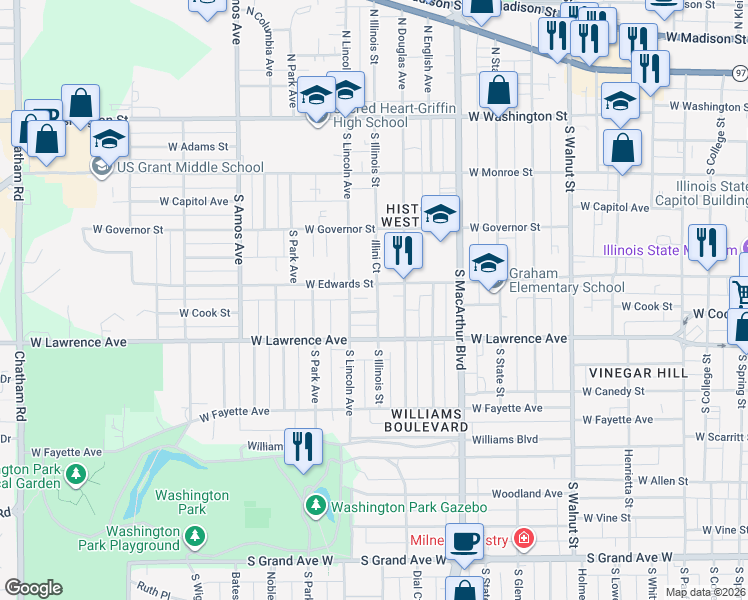 map of restaurants, bars, coffee shops, grocery stores, and more near 700 South Illinois Street in Springfield