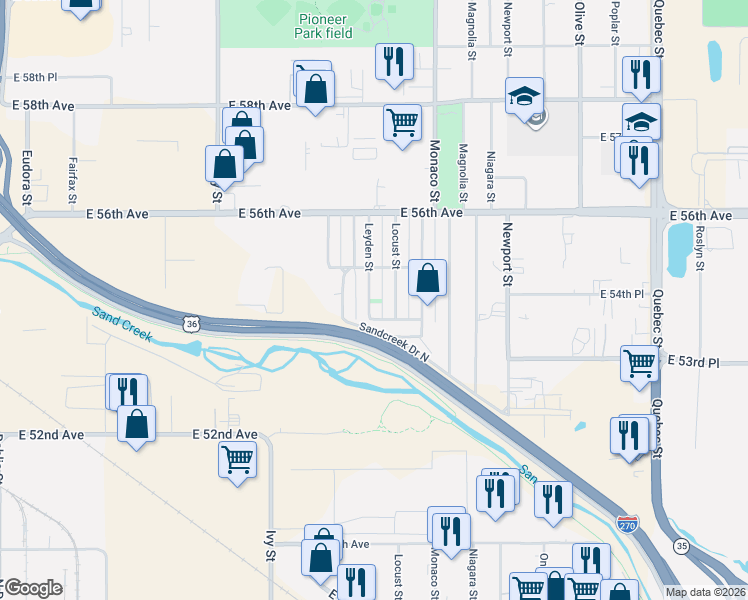 map of restaurants, bars, coffee shops, grocery stores, and more near 6330 East 54th Avenue in Commerce City