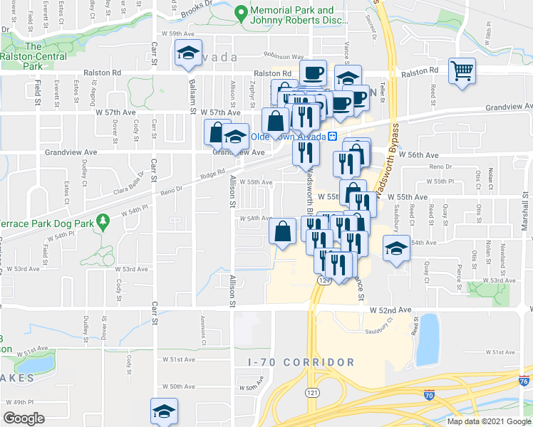 map of restaurants, bars, coffee shops, grocery stores, and more near 7640 West 54th Avenue in Arvada