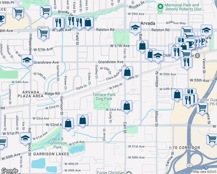 map of restaurants, bars, coffee shops, grocery stores, and more near 5427 Dover Street in Arvada