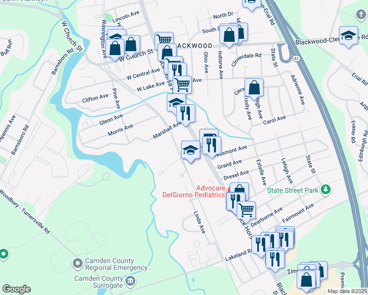 map of restaurants, bars, coffee shops, grocery stores, and more near 14 Fanelli Lane in Camden County