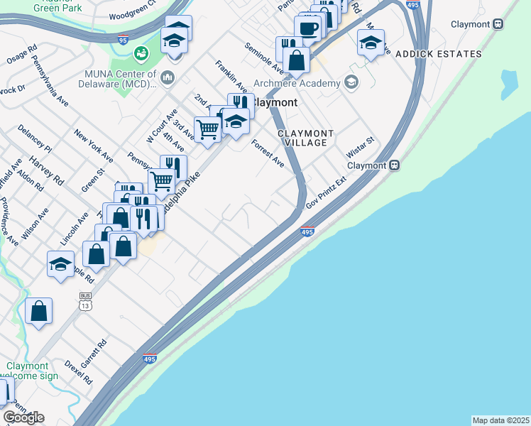 map of restaurants, bars, coffee shops, grocery stores, and more near 181 Harbor Drive in Claymont