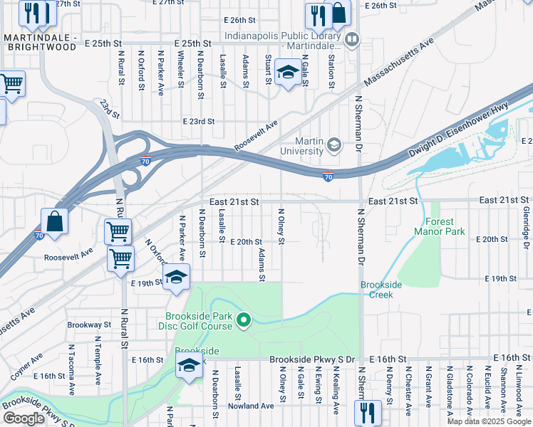 map of restaurants, bars, coffee shops, grocery stores, and more near 2030 North Olney Street in Indianapolis