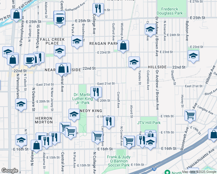 map of restaurants, bars, coffee shops, grocery stores, and more near 2037 Bellefontaine Street in Indianapolis