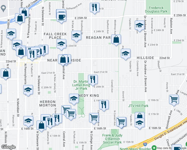 map of restaurants, bars, coffee shops, grocery stores, and more near 2038 North College Avenue in Indianapolis