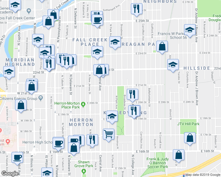 map of restaurants, bars, coffee shops, grocery stores, and more near 2037 Ruckle Street in Indianapolis