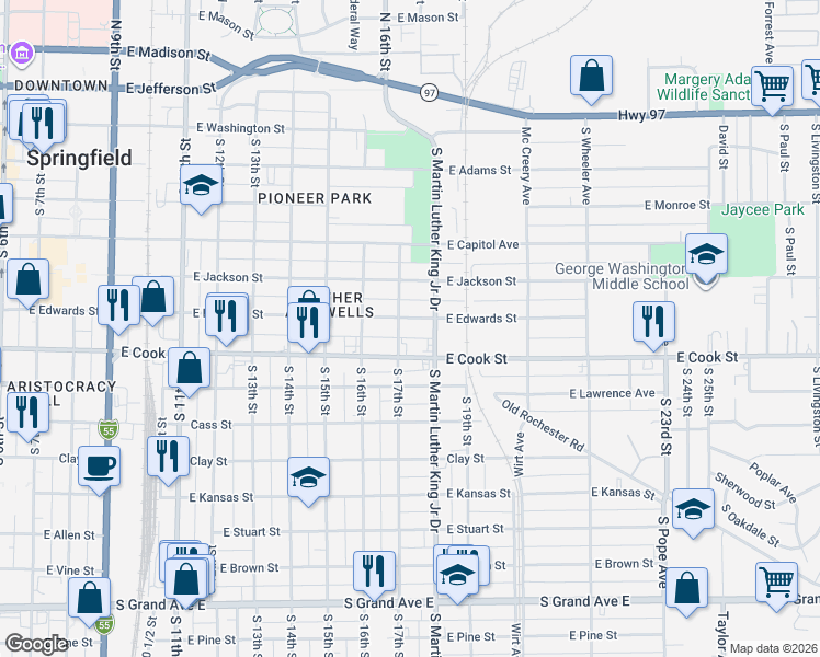 map of restaurants, bars, coffee shops, grocery stores, and more near 601-699 South 17th Street in Springfield