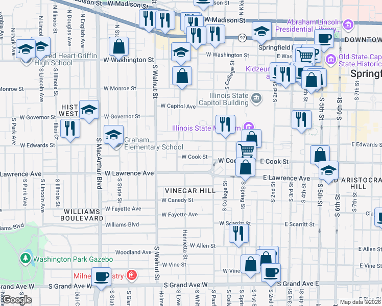 map of restaurants, bars, coffee shops, grocery stores, and more near 460 West Cook Street in Springfield