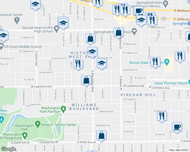 map of restaurants, bars, coffee shops, grocery stores, and more near 900-936 West Cook Street in Springfield