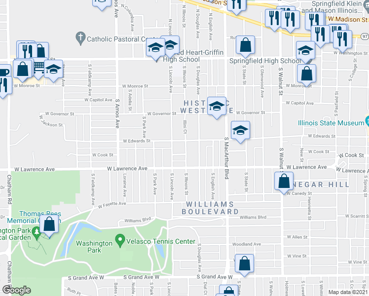 map of restaurants, bars, coffee shops, grocery stores, and more near 700 South Illinois Street in Springfield