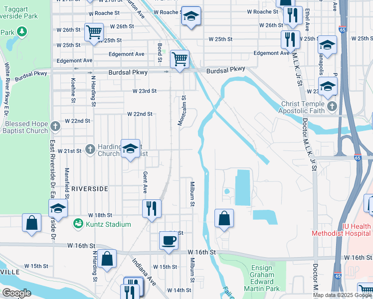 map of restaurants, bars, coffee shops, grocery stores, and more near 1002 West 21st Street in Indianapolis