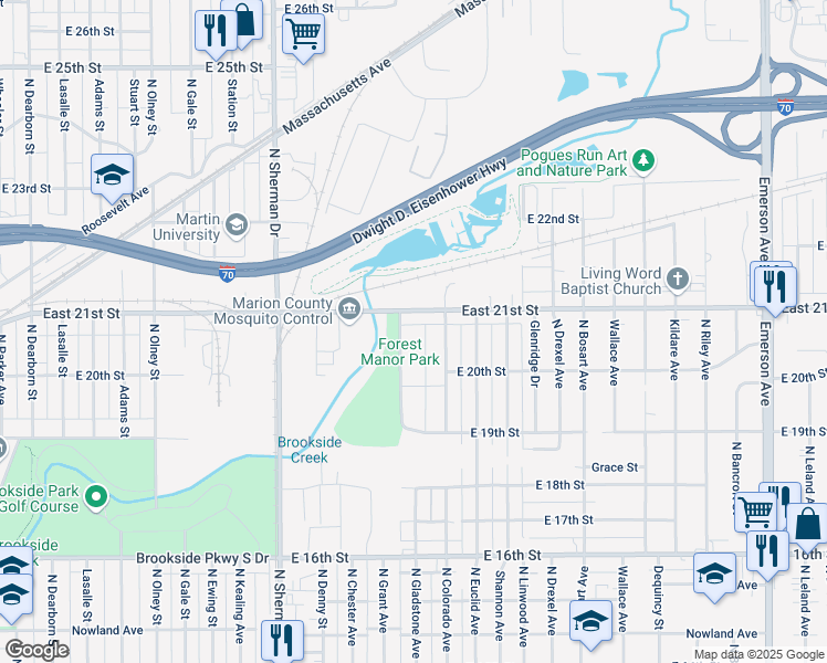 map of restaurants, bars, coffee shops, grocery stores, and more near 2021 Forest Manor Avenue in Indianapolis