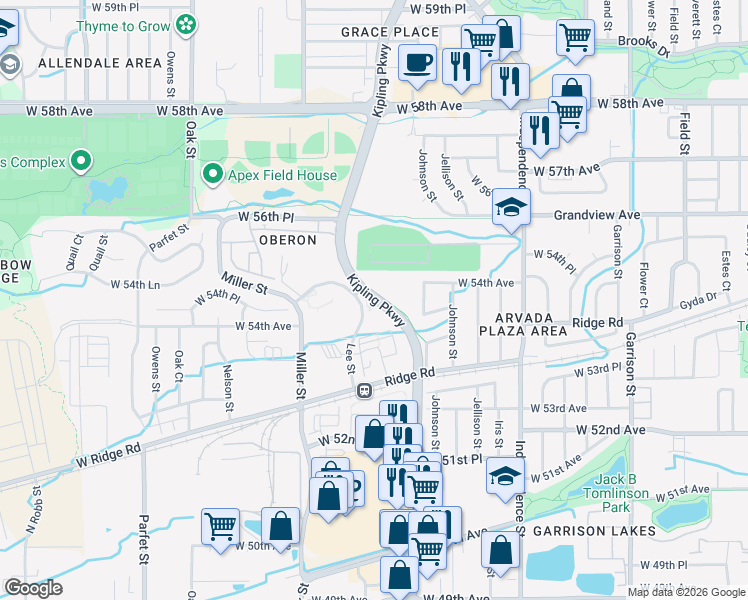 map of restaurants, bars, coffee shops, grocery stores, and more near 5458 Lee Street in Arvada
