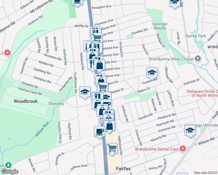 map of restaurants, bars, coffee shops, grocery stores, and more near 7 Median Drive in Wilmington