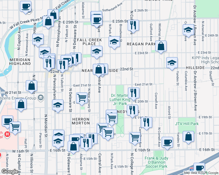 map of restaurants, bars, coffee shops, grocery stores, and more near 2037 Ruckle Street in Indianapolis