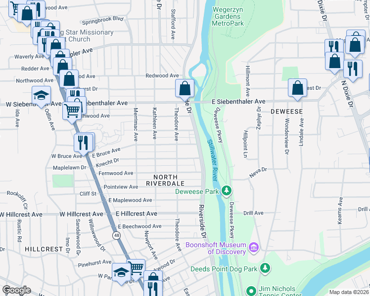 map of restaurants, bars, coffee shops, grocery stores, and more near 433 Knecht Drive in Dayton