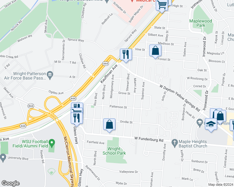 map of restaurants, bars, coffee shops, grocery stores, and more near 508 Grove Street in Fairborn