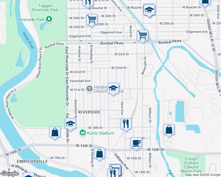 map of restaurants, bars, coffee shops, grocery stores, and more near 2032 Sugar Grove Avenue in Indianapolis