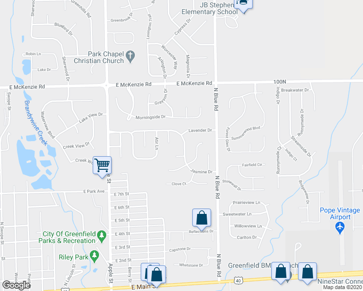 map of restaurants, bars, coffee shops, grocery stores, and more near 1327 Jasmine Drive in Greenfield