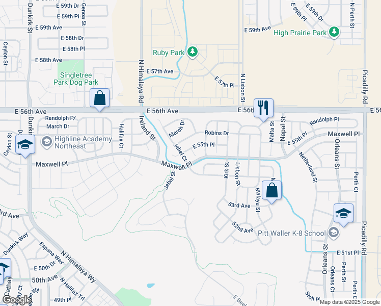 map of restaurants, bars, coffee shops, grocery stores, and more near 5543 Jericho Street in Denver