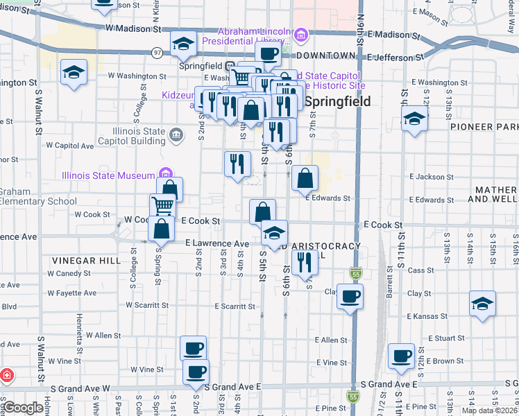 map of restaurants, bars, coffee shops, grocery stores, and more near in Springfield