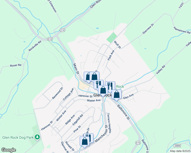 map of restaurants, bars, coffee shops, grocery stores, and more near 21 Church Street in Glen Rock